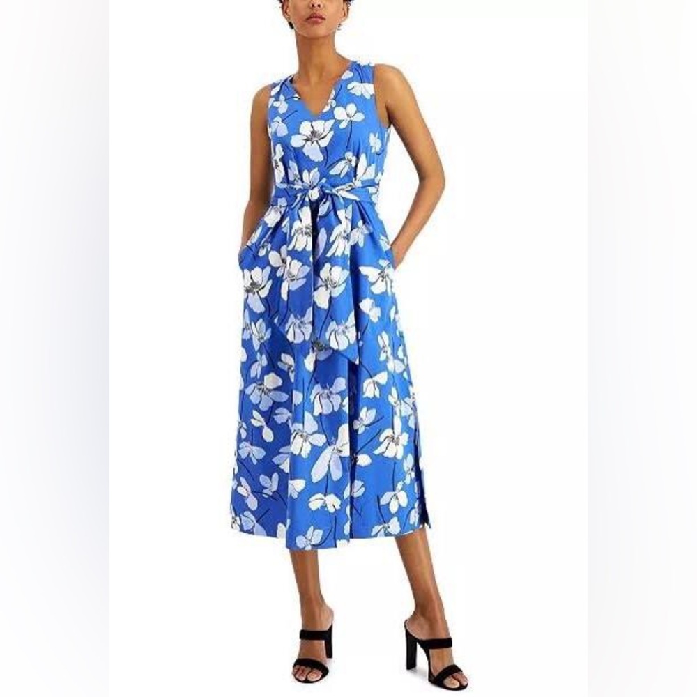 Anne Klein Blue Floral Midi Dress with White Blooms